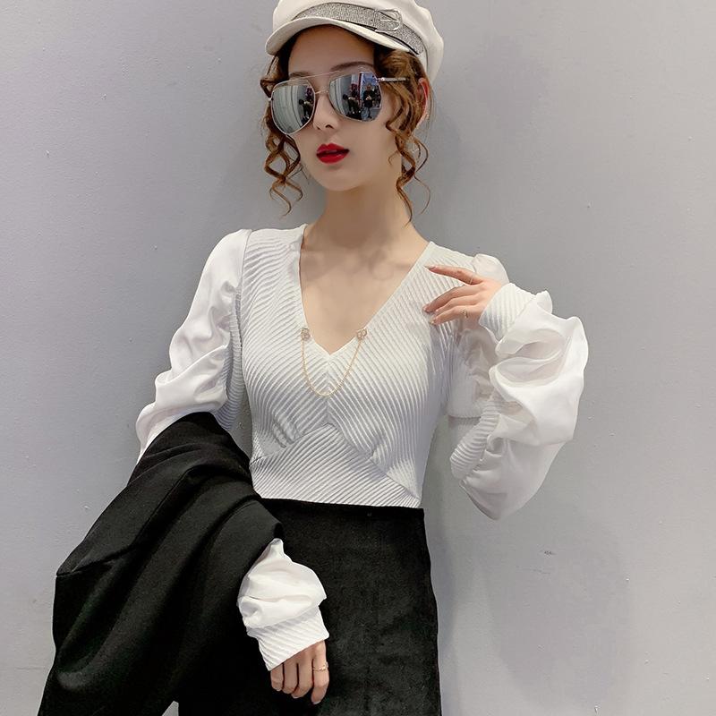 Korean Winter V-neck Pleated Puff Long-sleeved Top Versatile Pullover T-shirt for Women