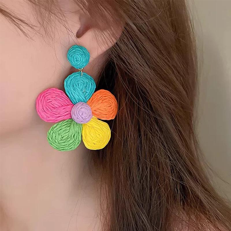 Exaggerated Dopamine Color Woven Flower Stud Earrings 2026 New Trend Light Luxury High-End Niche Women Pierced Ear Jewelry