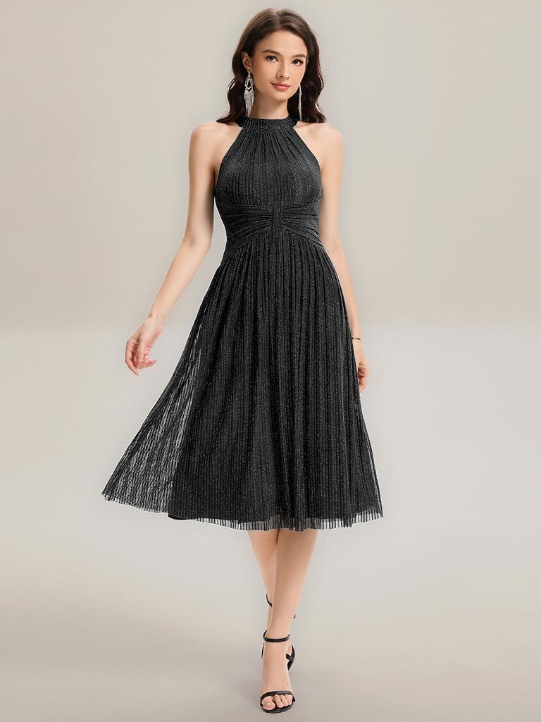 Ever-Pretty Women's Glitter Halter Cocktail Dresses Sleeveless Pletaed A-Line Midi Evening Dresses