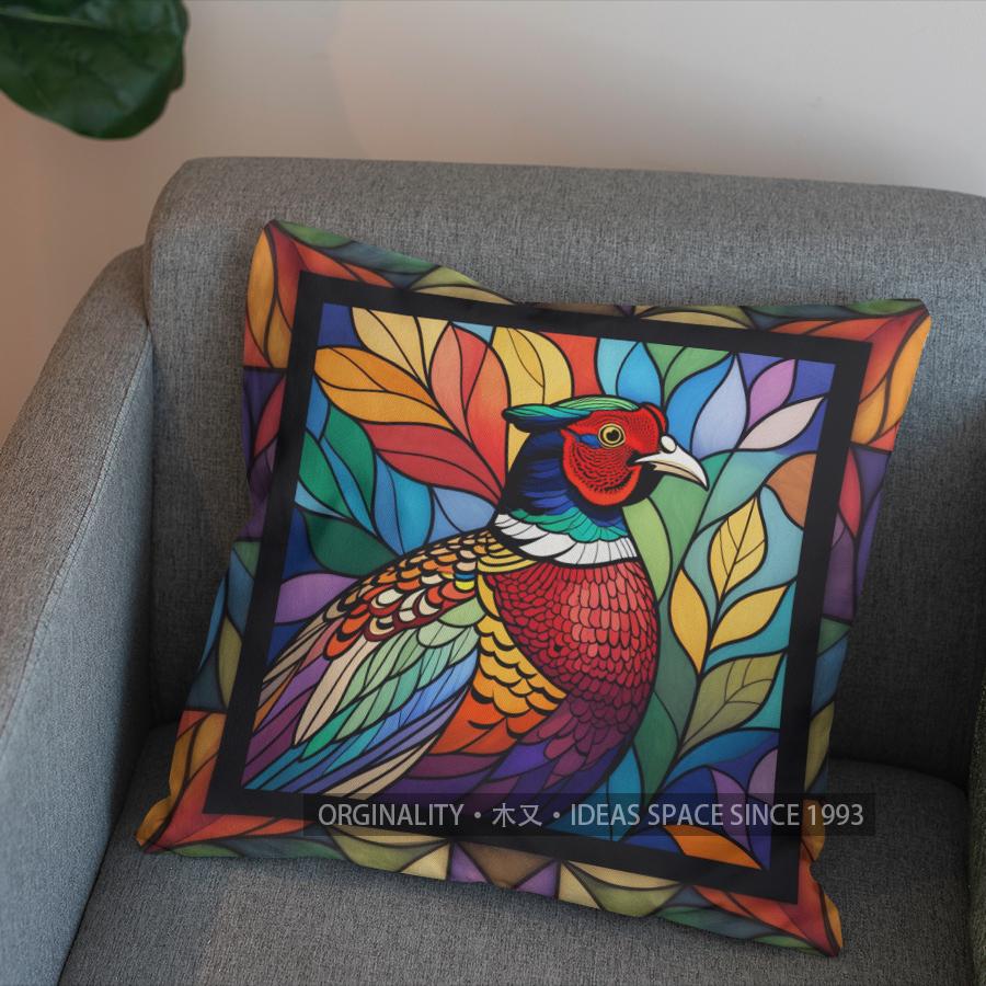 2D Stained Glass Style Pheasant-Printed Pattern Cushion Cover Suitable For Sofa Bedroom Car Pillow Cover