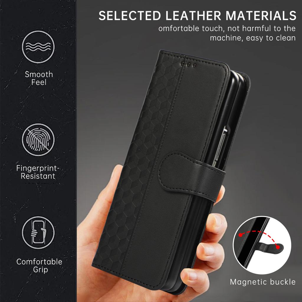 For Samsung Galaxy Z Fold6 5G Case 3D Rhombus Grid Imprinted Wallet Leather Phone Cover with Lanyard