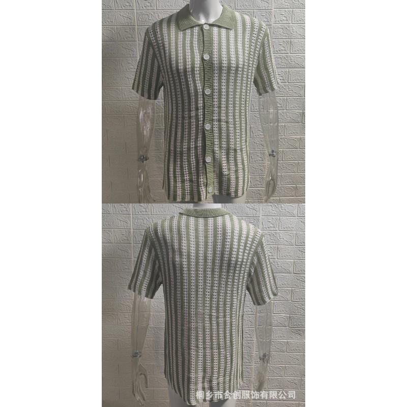 2026 Striped Color Block Knit Cardigan Short Sleeve Lapel Top Men Plus Size