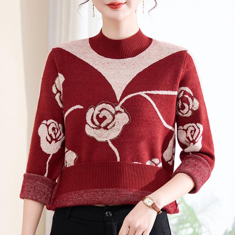 Women's Long Sleeve Knit Sweater O Neck Casual Knit Top Floral Print Rhinestone Pullover for Autumn Winter