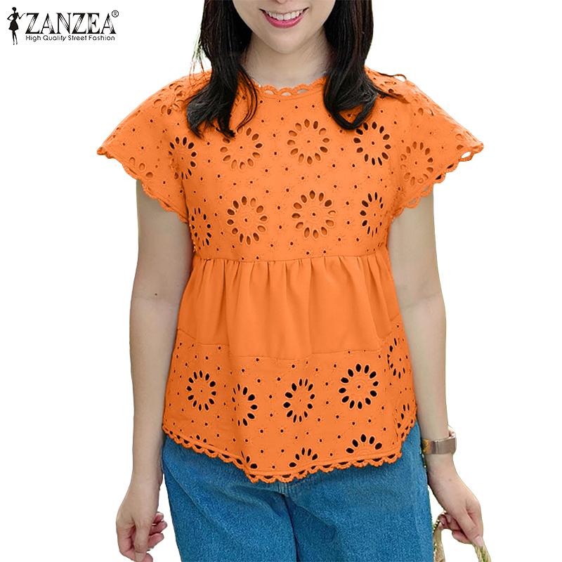 ZANZEA Women Summer Round Neck Short Sleeve Hollow Blouse