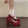 French temperament elegant retro Mary Jane shoes spring high heels bow word single shoes lace
