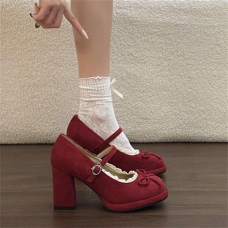French temperament elegant retro Mary Jane shoes spring high heels bow word single shoes lace