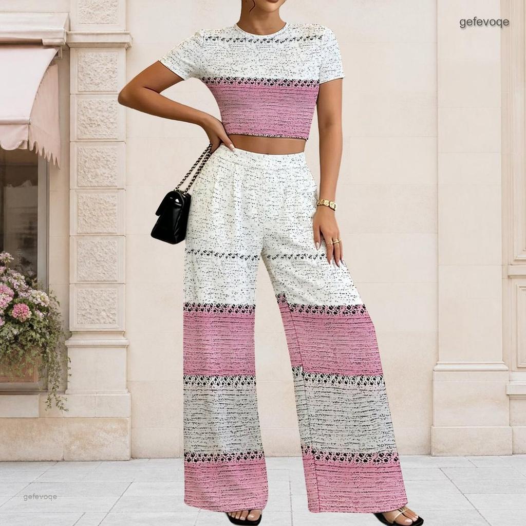 Women Plus Size Round Neck Short Sleeve Heart Printed Crop Top Wide Leg Pants Two Piece Set