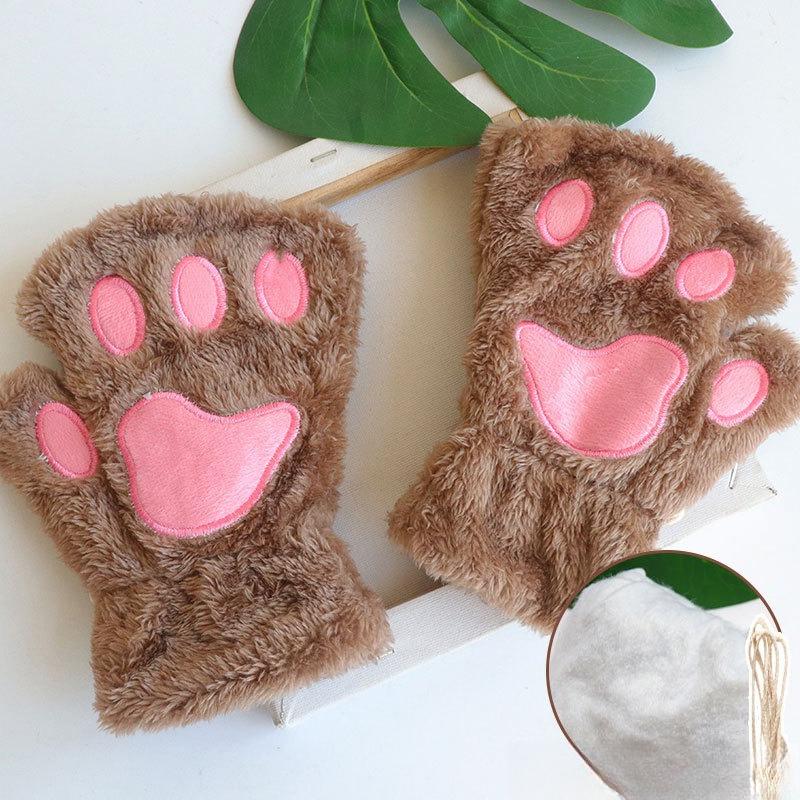 Katzenpfotenhandschuhe Damen Winter Koreanische süße Mädchen Fingerlose dicke warme Bärentatze Plüsch Halbfingerhandschuhe