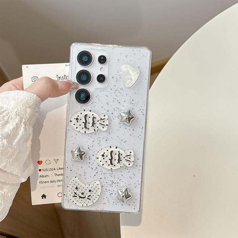 Japoński i Koreański Styl dla Etui na Telefon Samsung S25ultra, Kot Ryba S24plus 3D Gwiazda A55 Brokat 23