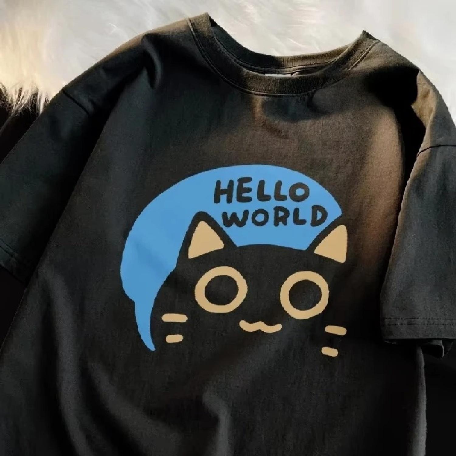 

New Summer clothes Hello World Cute Cat Printed Trendy Loose Short Sleeved Kids Tshirts High Quality Comfort Children s Clothing S чёрный