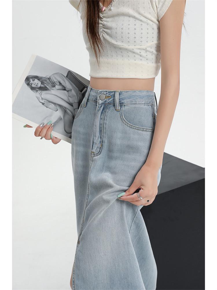 Women's High-Waist Blue Lyocell Denim Skirt, Summer 2026, Mid-Length A-Line with Front Slit