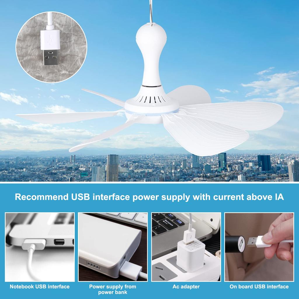 Ventilador de Techo Silencioso con 6 Aspas, Alimentado por USB, con Mando a Distancia, Temporizador, 4 Velocidades, Ventilador Colgante para Camping, Cama, Dormitorio, Tienda de Campaña, Nuevo