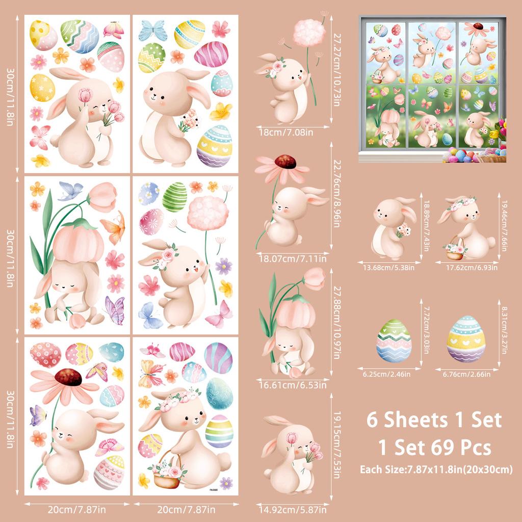 New 2026 Easter Bunny Egg Static Cling Window Stickers Decorative Window Decals for Glass Home Easter Decor Wall Clings Shop Window Glass