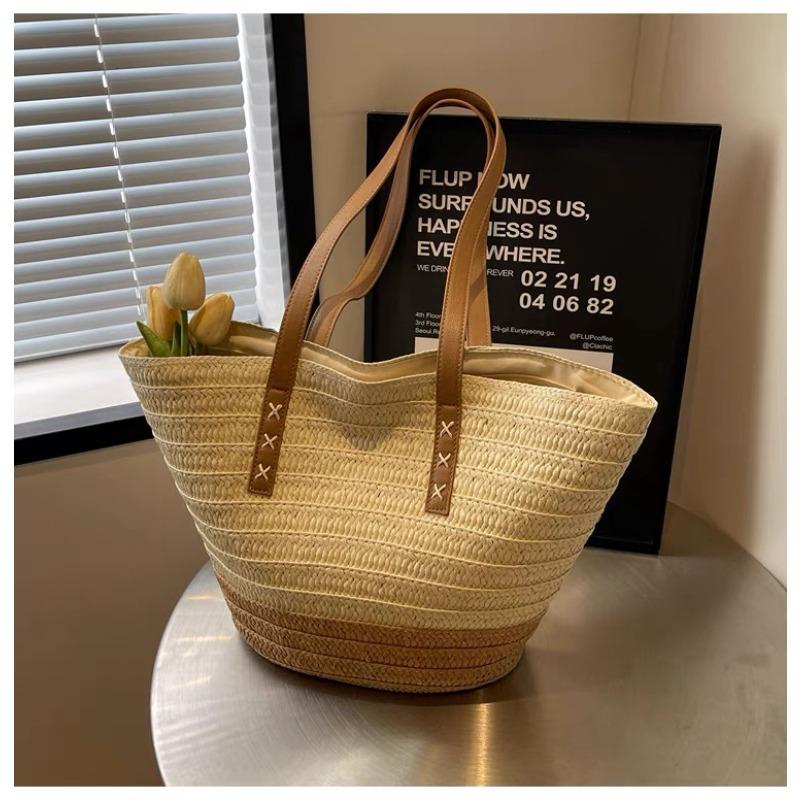 New contrasting color shoulder straw bag handwoven bag women's large-capacity tote bag women's seaside vacation beach bag