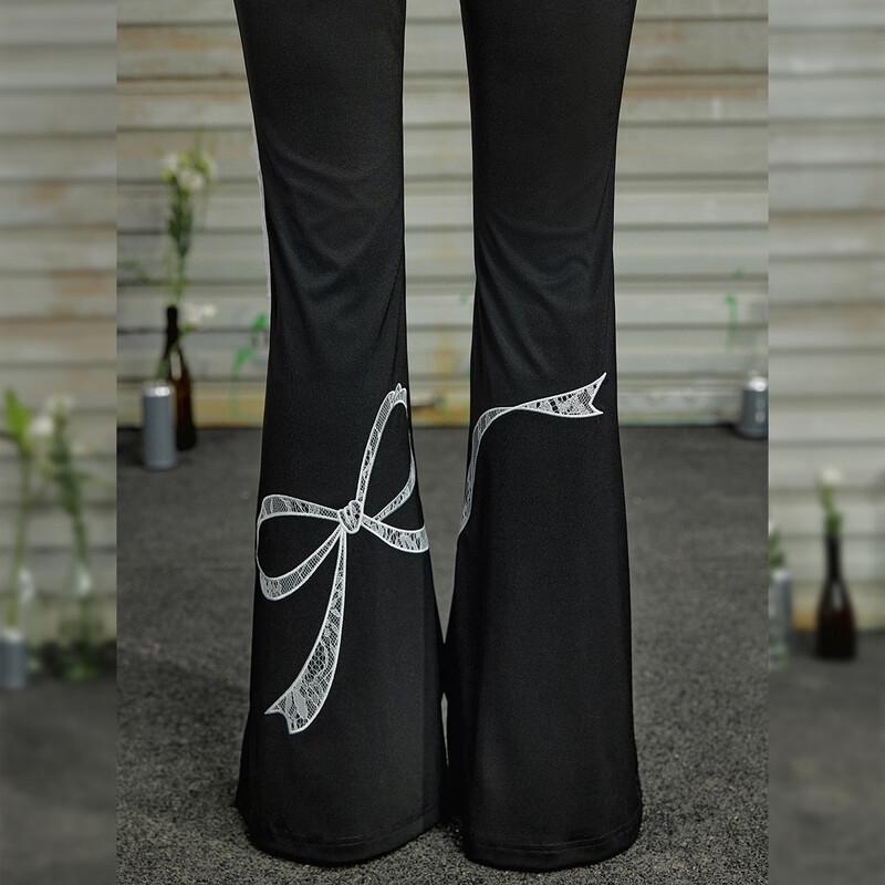 UNIFREE Women's Black Ballet Lace High-Waist Wide-Leg Lounge Pants