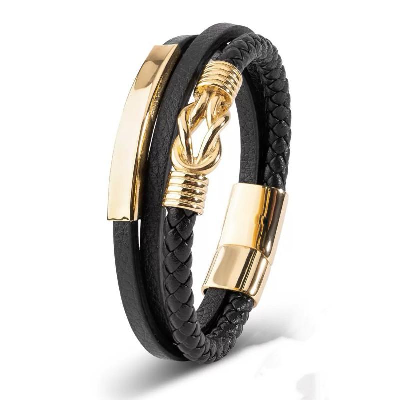 Stainless Steel Leather Braided Multi-Layer Bracelet Men Geometric Design Ins Style Adjustable Length