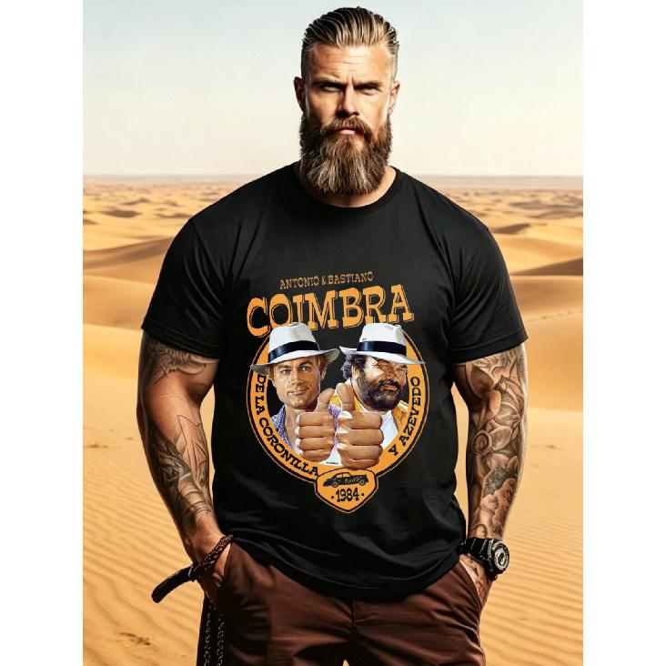 Men s Vintage Coimbra Graphic Tee, Soft Cotton Short Sleeve Crewneck, Retro 1984 Duo Portrait Print, Casual Daily Wear for Bearded Guys S чёрный