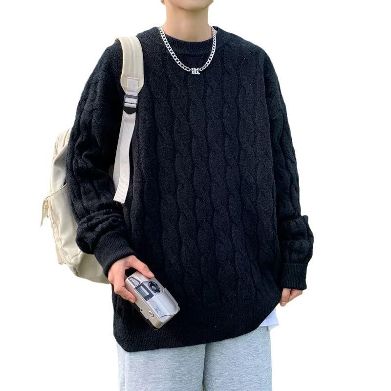 Pullover sweater men's spring and autumn loose Korean version of the trend solid color knitted sweater Hong Kong style round neck casual couple 