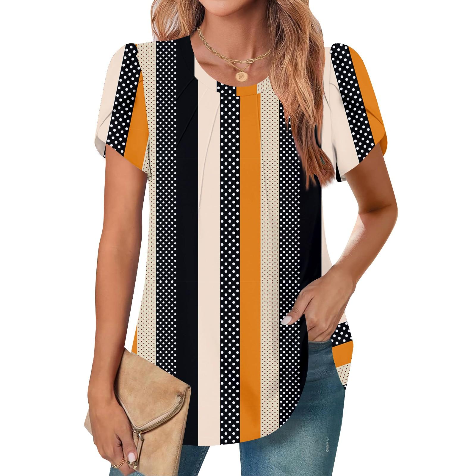 

Женский повседневный топ с круглым вырезом и коротким рукавом, с плиссировкой и расклешенными рукавами, с цветочным принтом XXXL шафрановый