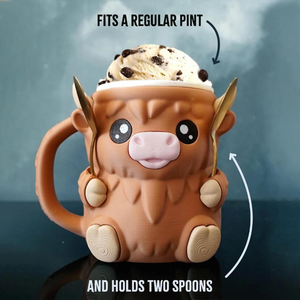 3D Printed Cute Highland Cow Ice Cream Pint Holder Leak-Proof Antifreeze Handle Perfect for Ice Cream Containers Beer Can Sleeve