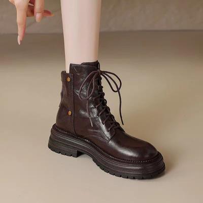 Buty Martin ze skóry naturalnej z retro sznurowaniem, damskie, brązowe, w brytyjskim stylu, na grubej podeszwie, małe krótkie botki