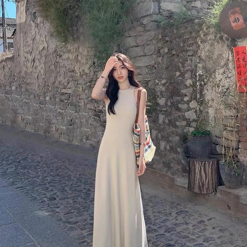 Summer Sleeveless Tank Dress Women Elegant Slim A Line Long Dress Vacation All Match Casual Solid Vestidos