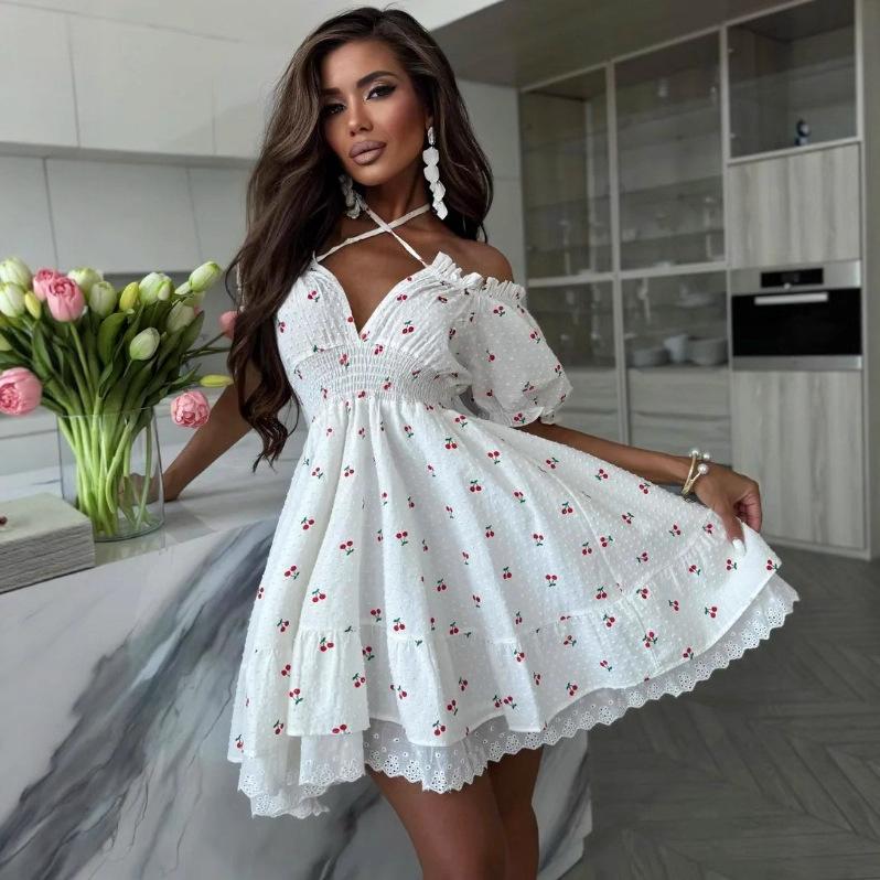 Spring and summer European and American fashion sexy babes bubble sleeves sweet print lace-up dress women's clothing