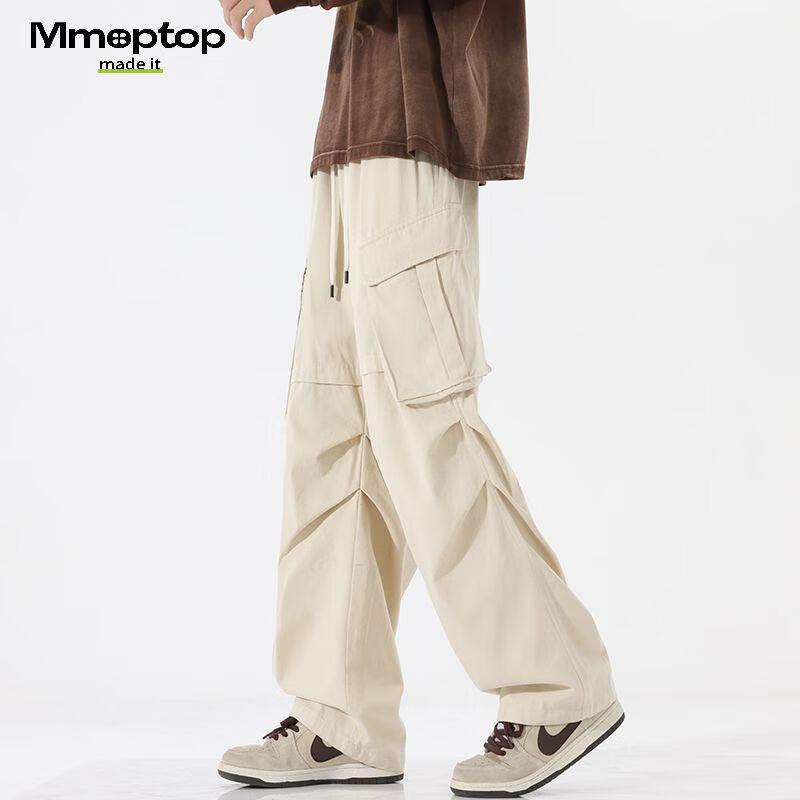 MMOPTOP Cotton Casual Pants for Men, Spring And Summer American Retro High Street Paratrooper Cargo Pants 8381 Off-White L