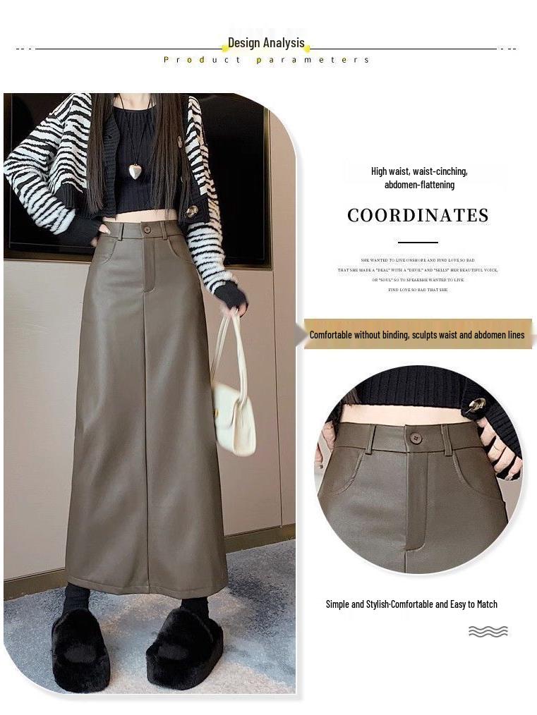 2025 A/W Women's Retro PU Leather Slit A-Line Mid-Length High Waist Skirt