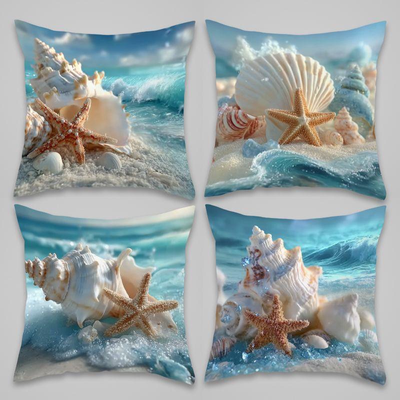 4Pcs Seashell Starfish Cushion Cover Ocean Beach Printed Pillow Case Polyester Home Decor Sofa Living Room Bedroom 2D Flat