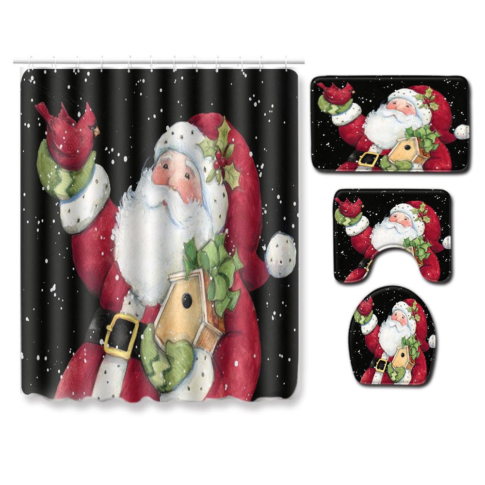 Christmas Shower Curtain Floor Mat Combination Four-Piece Set Bathroom Non-Slip Mat Toilet Absorbent Door Mat Carpet