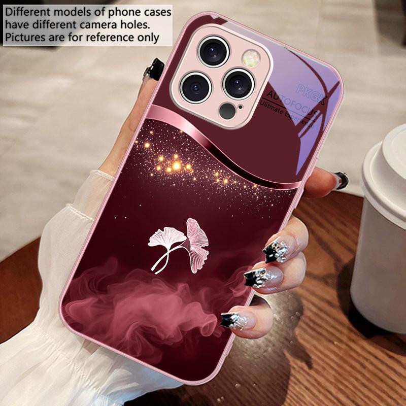 Lila Rauch Ginkgoblätter Für IPhone 16 Pro Max 15 Pro 14 13 12 Mini 11 XS M ax XR 7 8 Plu SE 2022 Gehärtetes Glas Handyhülle