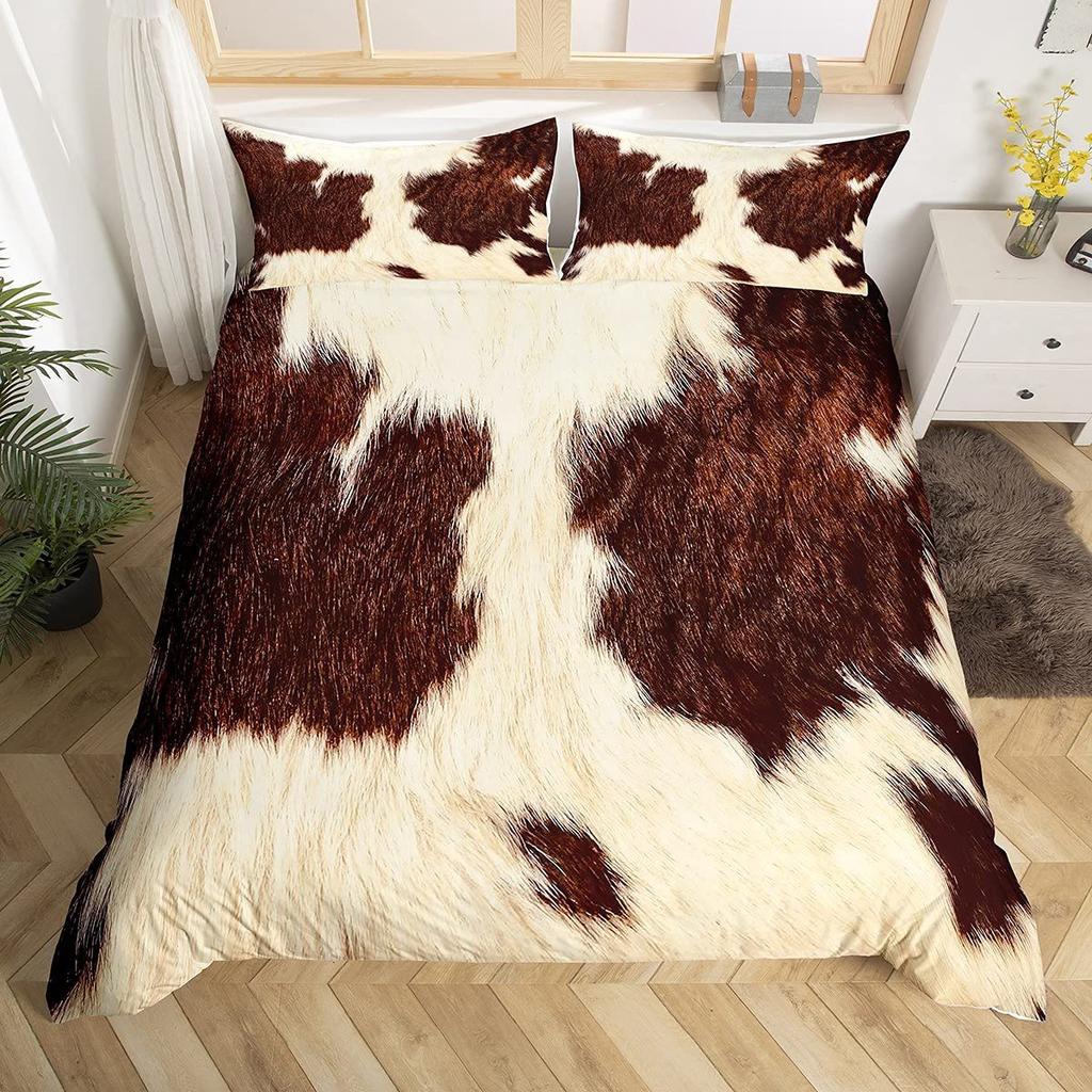 Cowhide King Queen Duvet Cover Patchwork Cow Fur Print Bedding Set Animal Quilt Cover Western Cowboy Polyester Comforter Cover