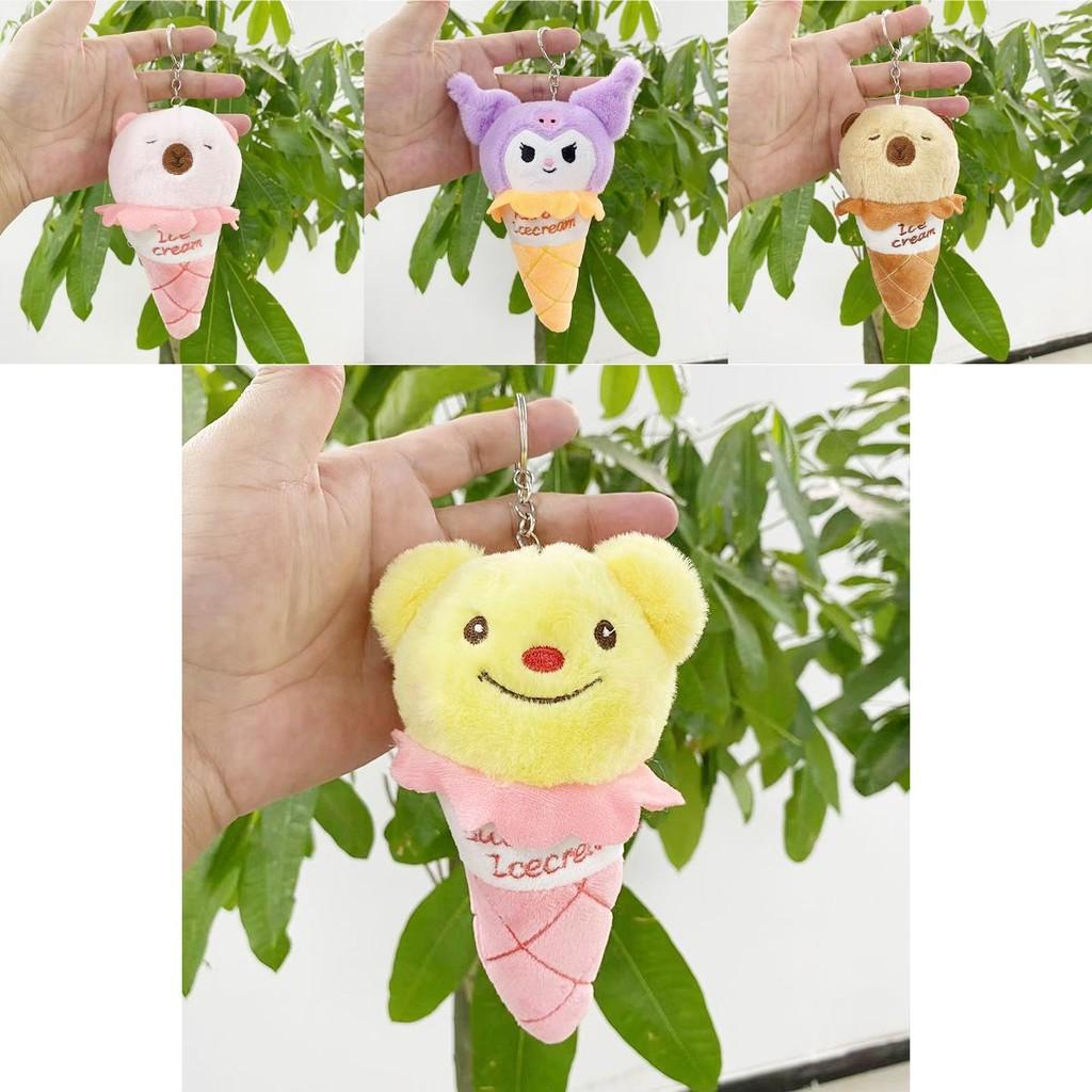 Charming Fluffy Animal Plush Ice Cream Bear Bag Charm Keychain Soft Decorative Toy