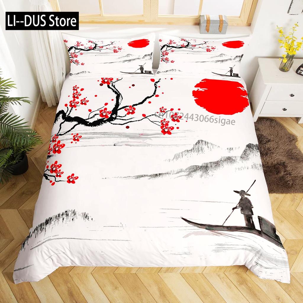 Chinese Traditional Painting Bedding Set Pink Plum Blossom Comforter Cover Set Full Size for Adults Teens Bedroom Decor 3pcs