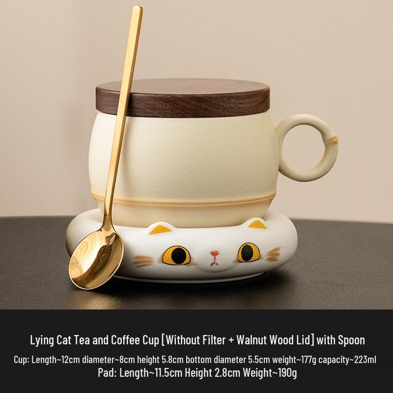 Cat-Themed Ceramic Coffee Mug & Saucer Set for Women