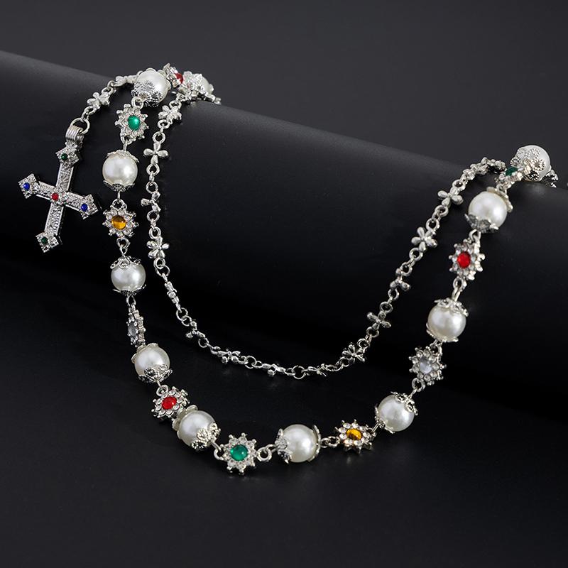 Exquisite Luxury Cross Pendant Imitation Pearl Pants Chain For Men Punk Trousers Chain Hip Hop Jeans Chain Clothing Accessories