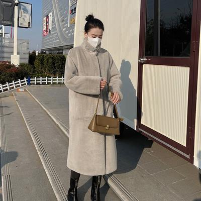 Lamb Wool Coat Women's Long New Autumn and Winter Stand-up Collar Fur Integrated Thickened Plush Fur Coat