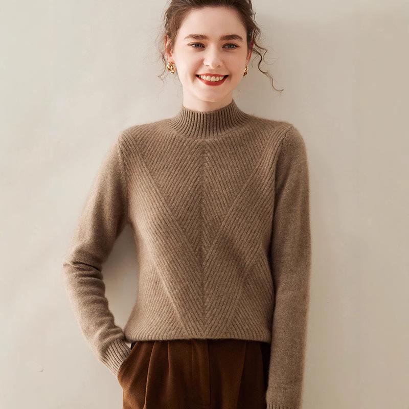 Women's High Neck Cashmere Knit Sweater - Thickened Loose Fit Pullover for Autumn/Winter