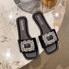 Wearing square head one-word drag rhinestone square buckle middle heel sandals women's summer new thick heel fashion slippers tide