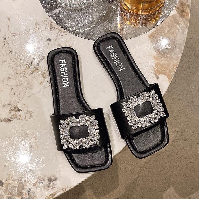 Wearing square head one-word drag rhinestone square buckle middle heel sandals women's summer new thick heel fashion slippers tide