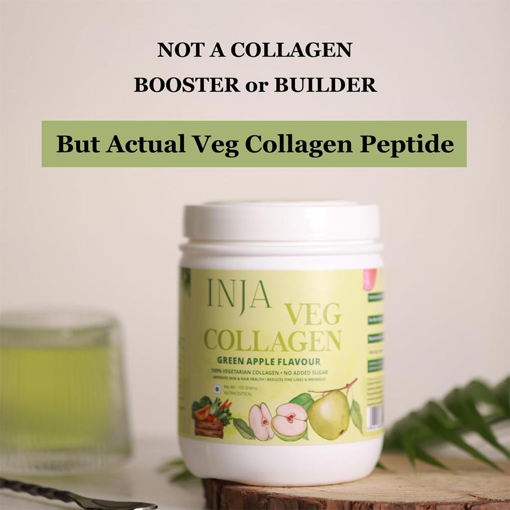 INJA Wellness Veg Collagen Supplement Powder 100% Vegetarian, No Added Sugar, Improves Skin and Hair Health, Green Apple Flavour, 150g