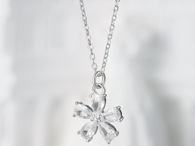 Rockyu brand jewelry - Popular necklace for women, sterling silver (925), pendant, flower design, crystal, Asian ethnic style.