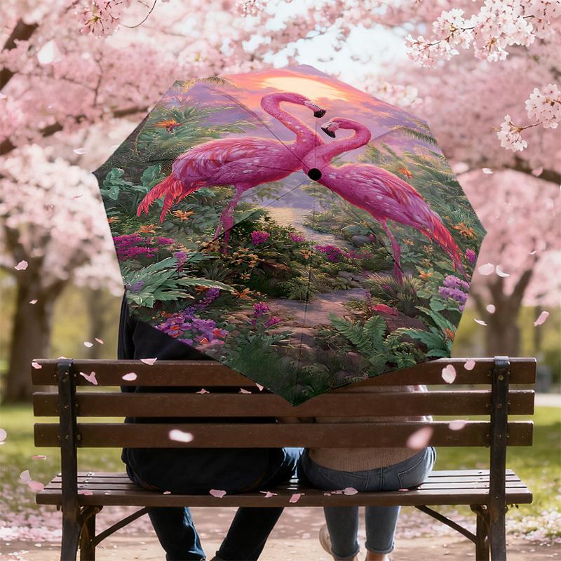 1PC Flamingo Jungle Automatic Open/Close Umbrella Compact Folding Umbrella with 8-Rib Shaft Lightweight Esign, Fashion Lovers1234A