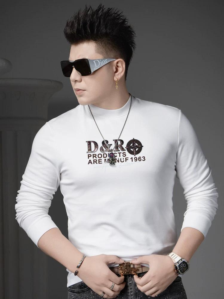 

European Long-Sleeve T-Shirt for Men 2025 Autumn New Half-Turtleneck Top Men s Trendy Printed Rhinestone Base Shirt L белый