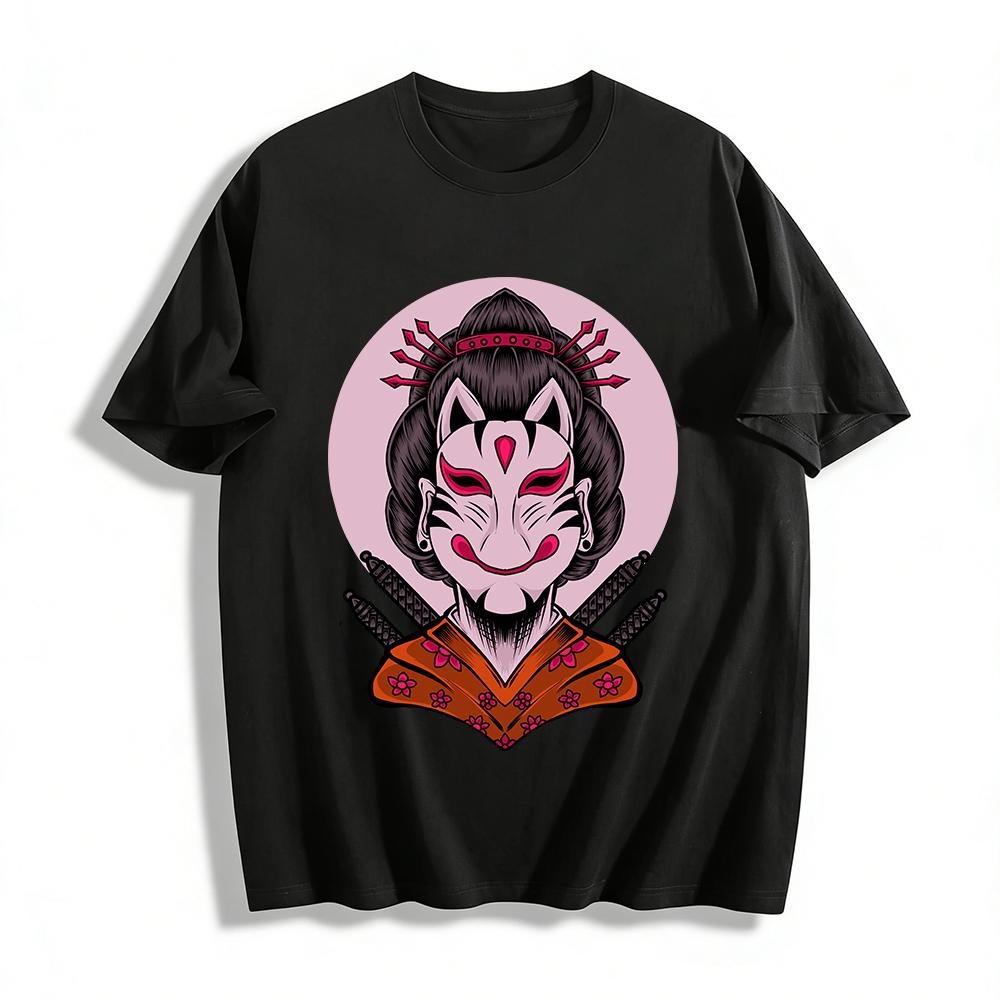 Kitsune Mask Geisha Print Top Retro Dark Samurai Style Trendy Tee Pure cotton T-shirt XXS