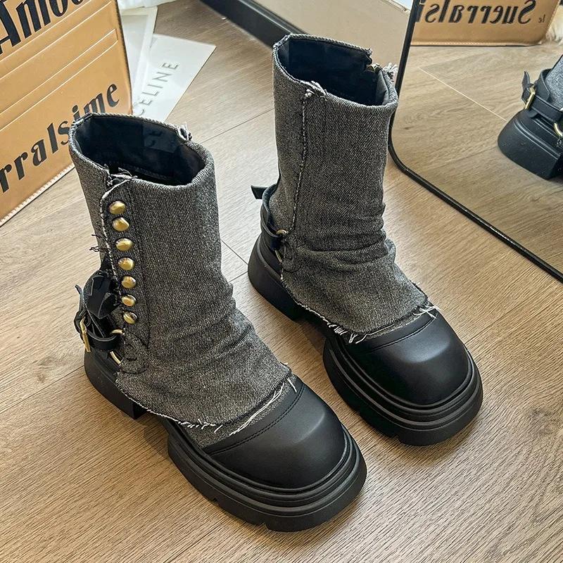 Fashion Metal-decorated Platform Boots for Women Casual Soft-soled Belt Jeans Designer Ankle Boots Ladies Spring Autumn Shoes Female