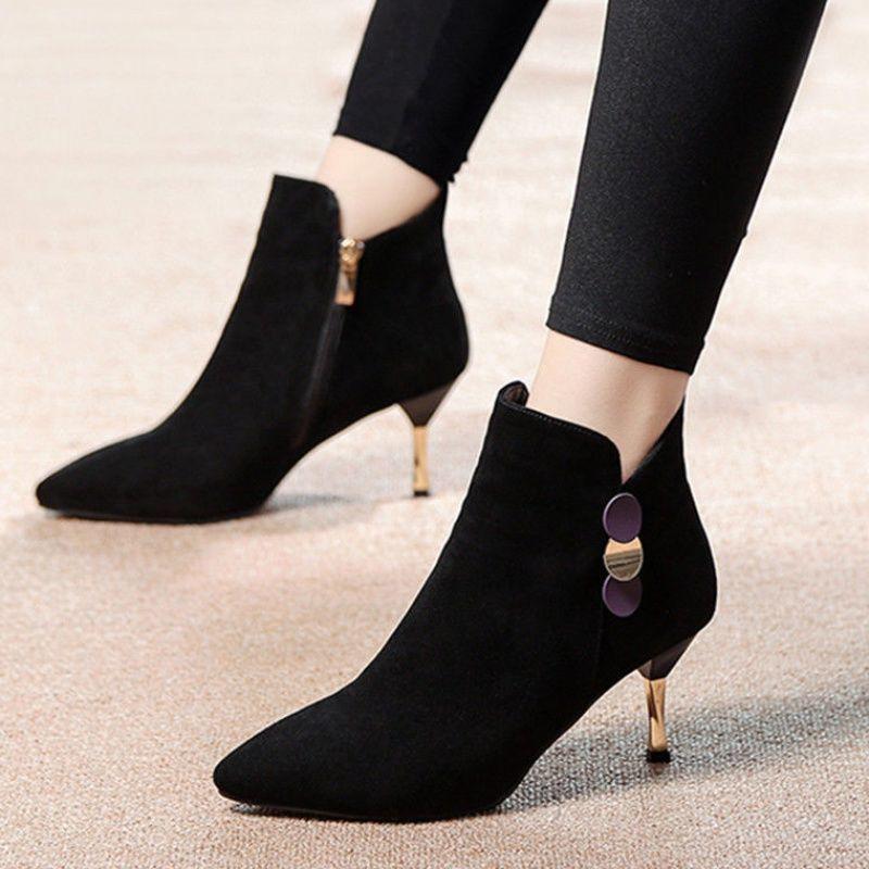 Fashion Autumn Winter Black Warm Booties Pointed Toe Heeled Ankle Boots for Women Comfortable and Elegant Woman Short Shoes On Promotion