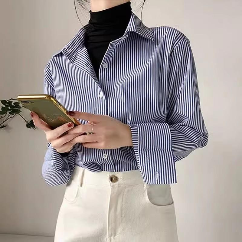 Ladies' Spring and Autumn Fashionable Casual Striped Long Sleeved Shirt