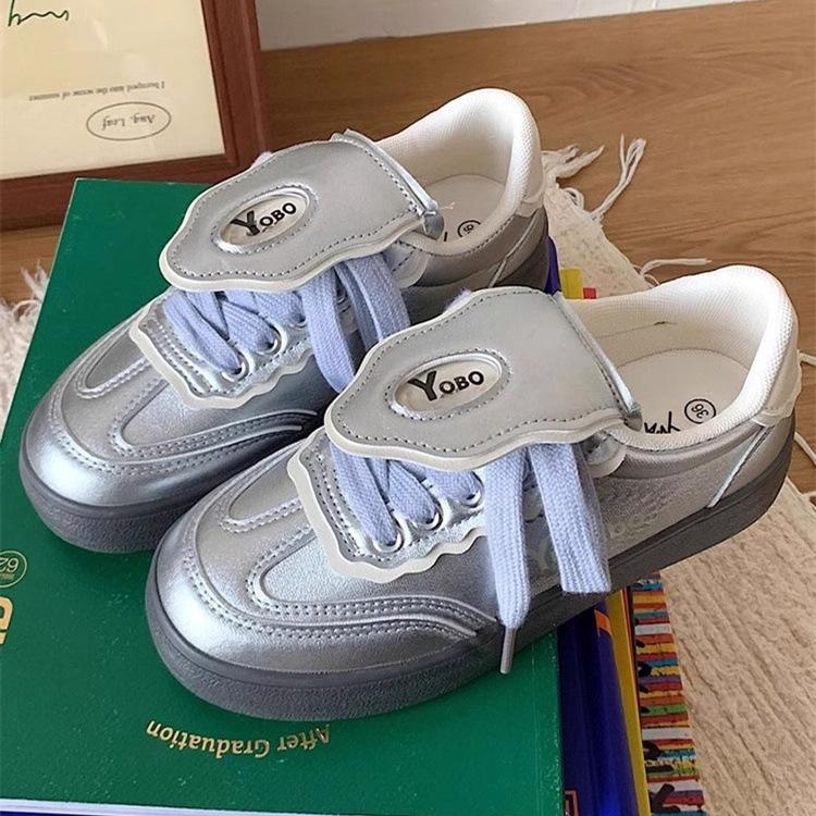 

Серебристые немецкие тренировочные кроссовки женские 2025 лето новый нишевый дизайн ретро платформа спортивные повседневные дышащие кеды 40 серебряный